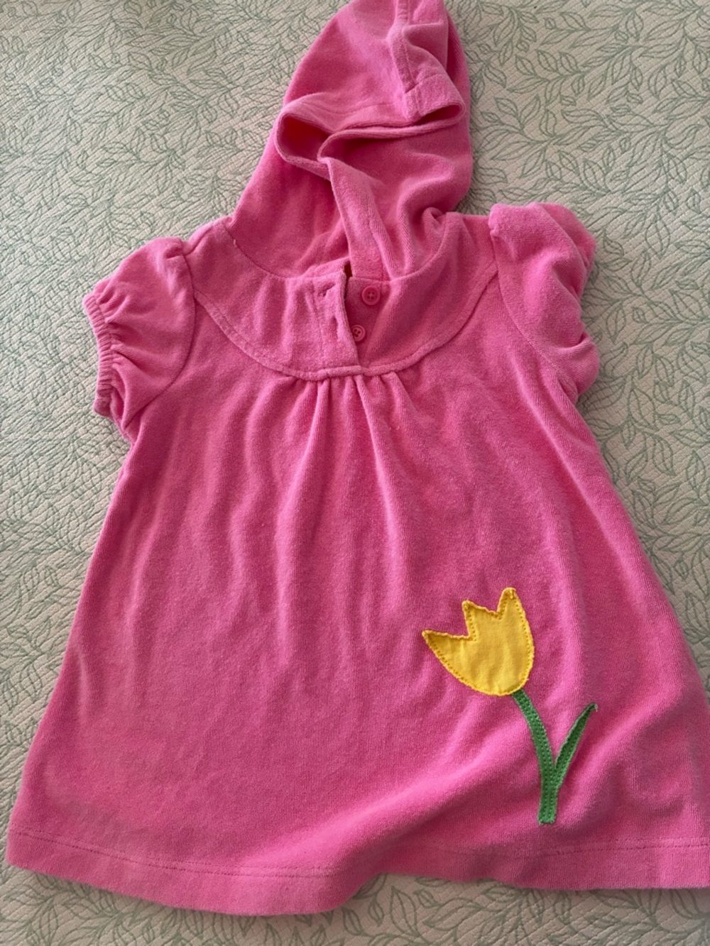 Pink Hooded Terry Cloth Baby Dress with Yellow Tulip Appliqué